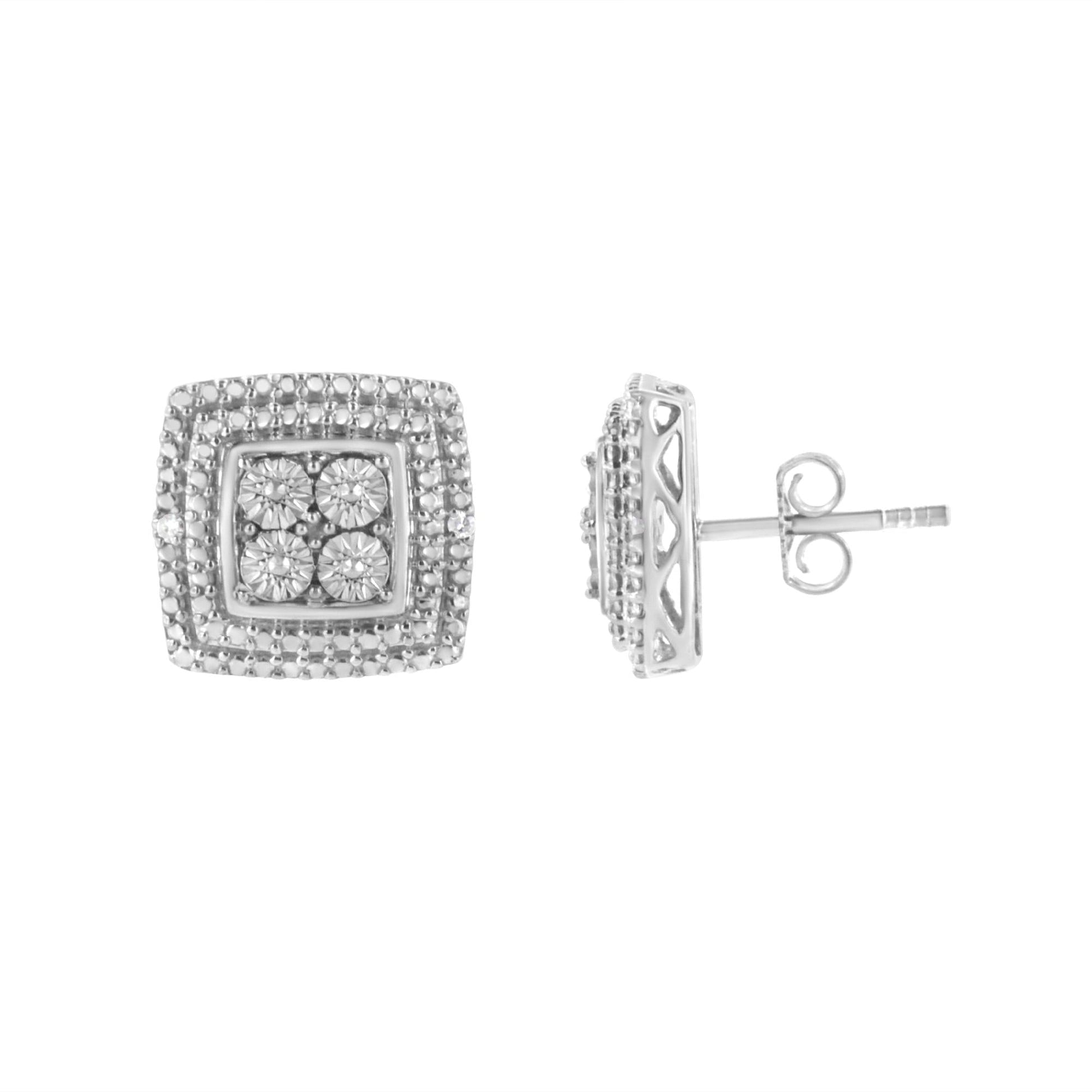 .925 Sterling Silver Diamond Accented Square Shaped Milgrain Stud Earrings (I-J