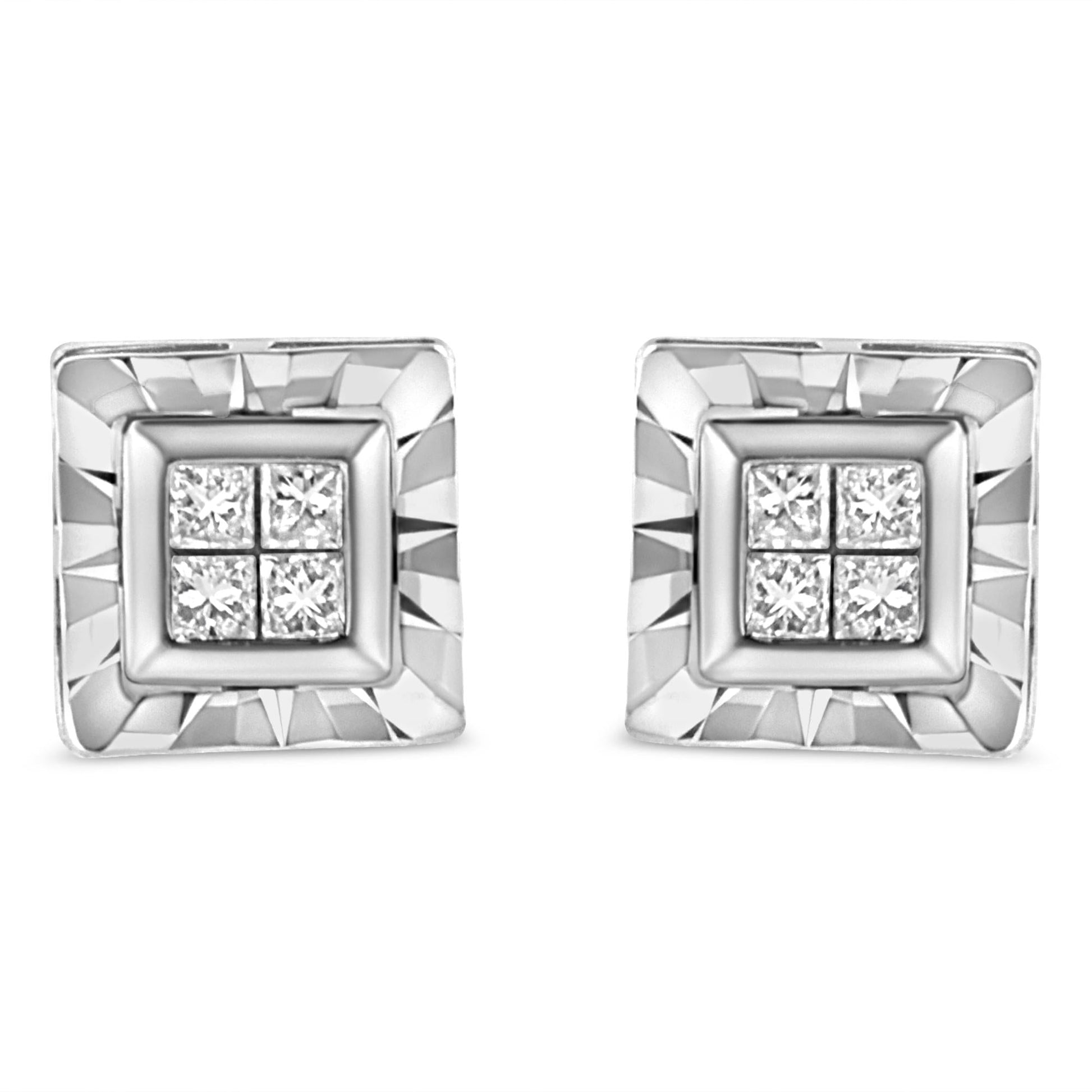 .925 Sterling Silver 1/6 Cttw Invisible Set Princess-Cut Diamond Quad Composite