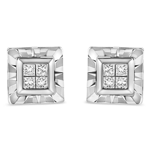 .925 Sterling Silver 1/6 Cttw Invisible Set Princess-Cut Diamond Quad Composite