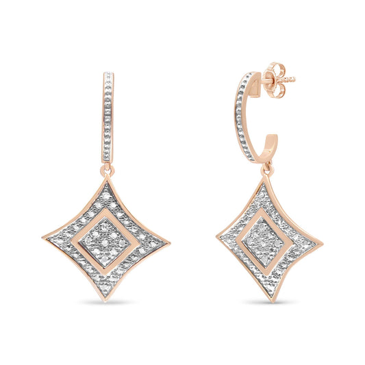 10K Rose Gold Plated Sterling Silver Round Cut Diamond Cushion Dangle Earrings (0.04 cttw, H-I Color, I2-I3 Clarity)