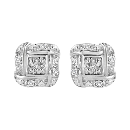 Sterling Silver Round Cut Diamond Square Stud Earrings (0.04 cttw H-I Color