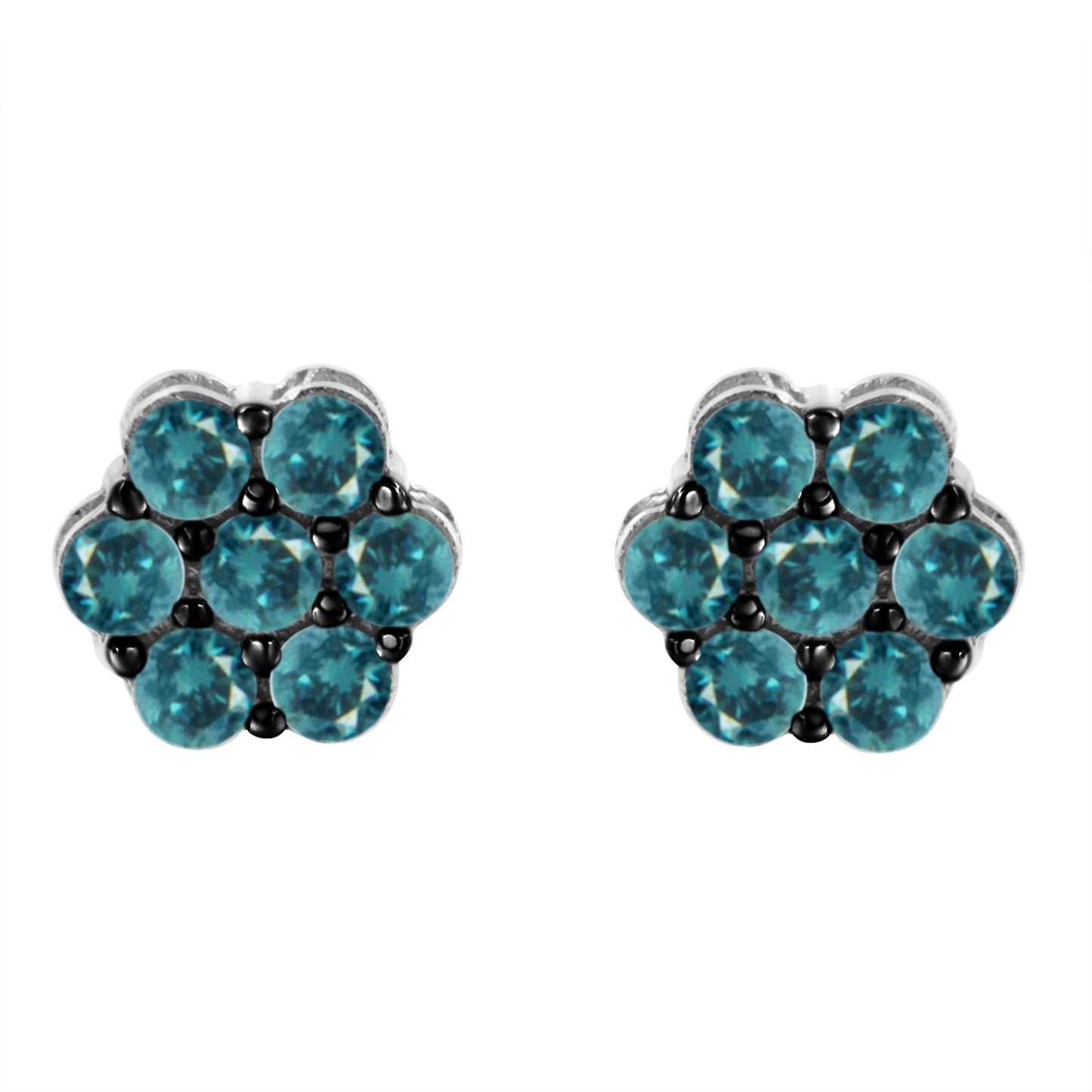 Sterling Silver Treated Blue Diamond Floral Stud Earrings (1 cttw Blue Color