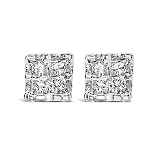 10k Yellow Gold Princess Diamond Quad Stud Earrings (1/4 cttw, J-K Color, I2-I3 Clarity)