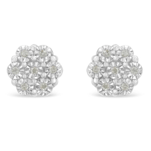 .925 Sterling Silver 1/10 Cttw Round-Cut Diamond Miracle-Set Floral Cluster Button Stud Earrings (I-J Color, I2-I3 Clarity)