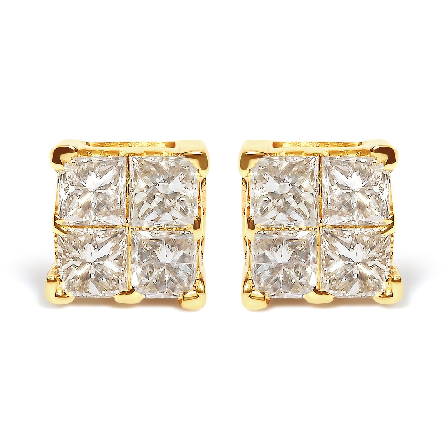 14K Yellow Gold 3/4 Cttw Invisible Set Princess-Cut Diamond 4 Stone Square Stud Earrings (J-K Color, SI2-I1 Clarity)