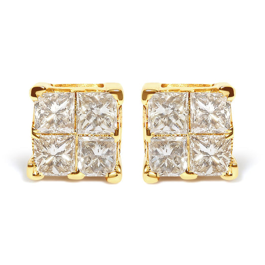 14K Yellow Gold 3/4 Cttw Invisible Set Princess-Cut Diamond 4 Stone Square Stud Earrings (J-K Color, SI2-I1 Clarity)