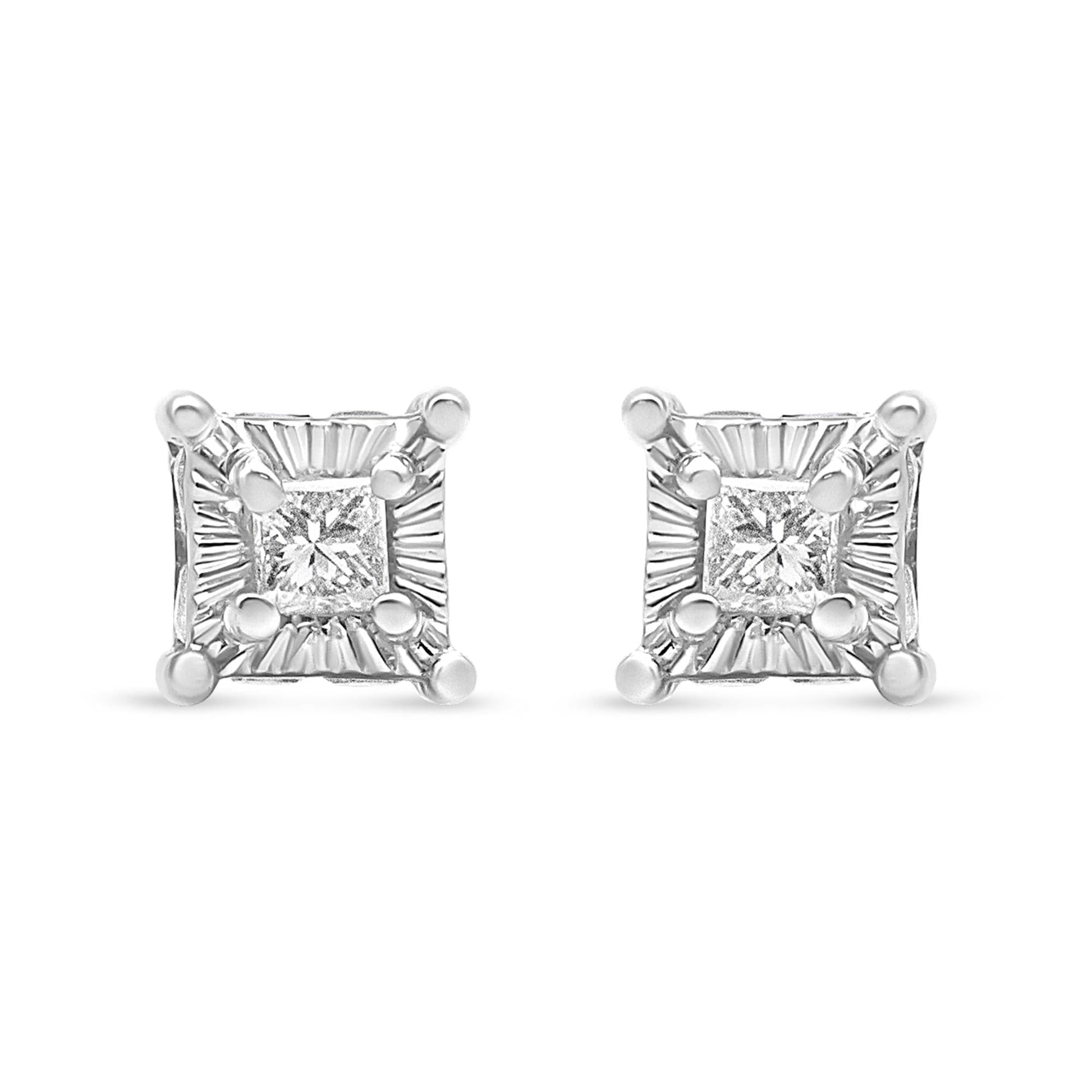 .925 Sterling Silver 1/4 Cttw Miracle Set Princess-Cut Diamond Solitaire Stud