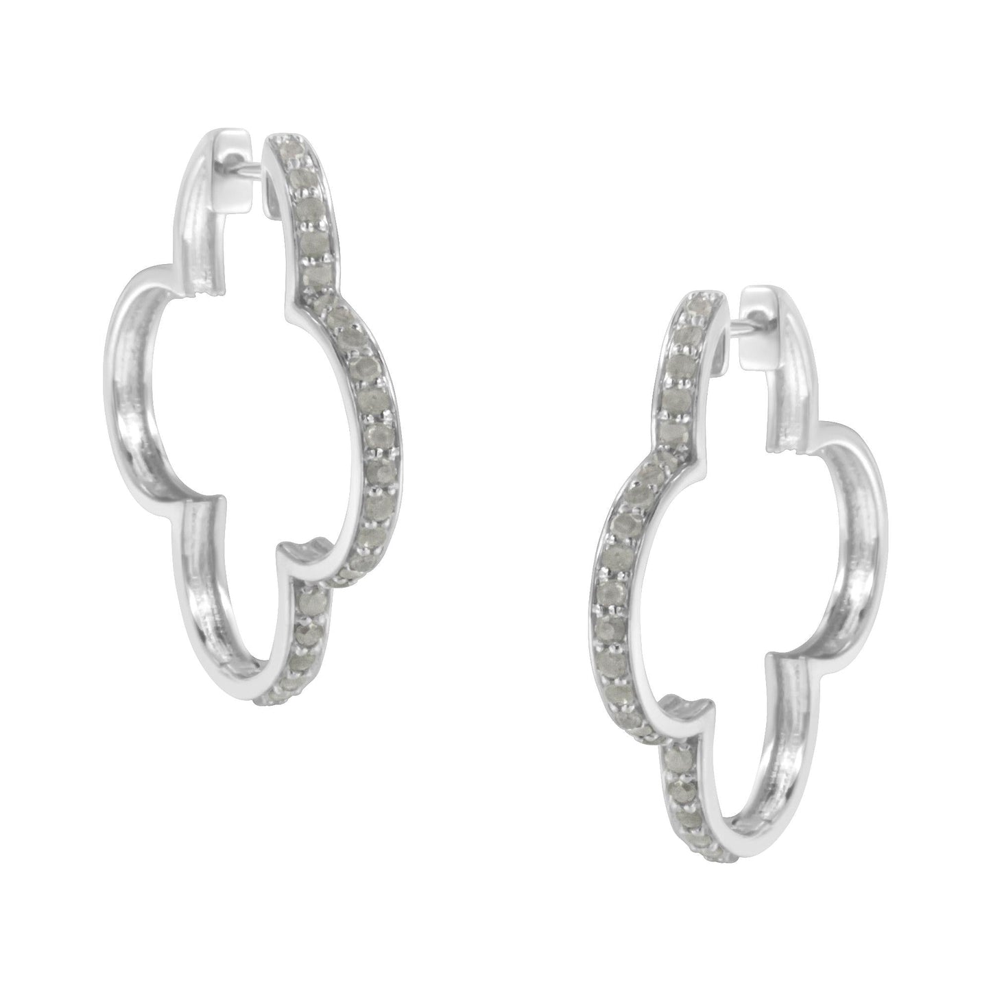 .925 Sterling Silver 1.0 cttw Diamond 4 Leaf Clover Shape Hoop Earrings(I-J