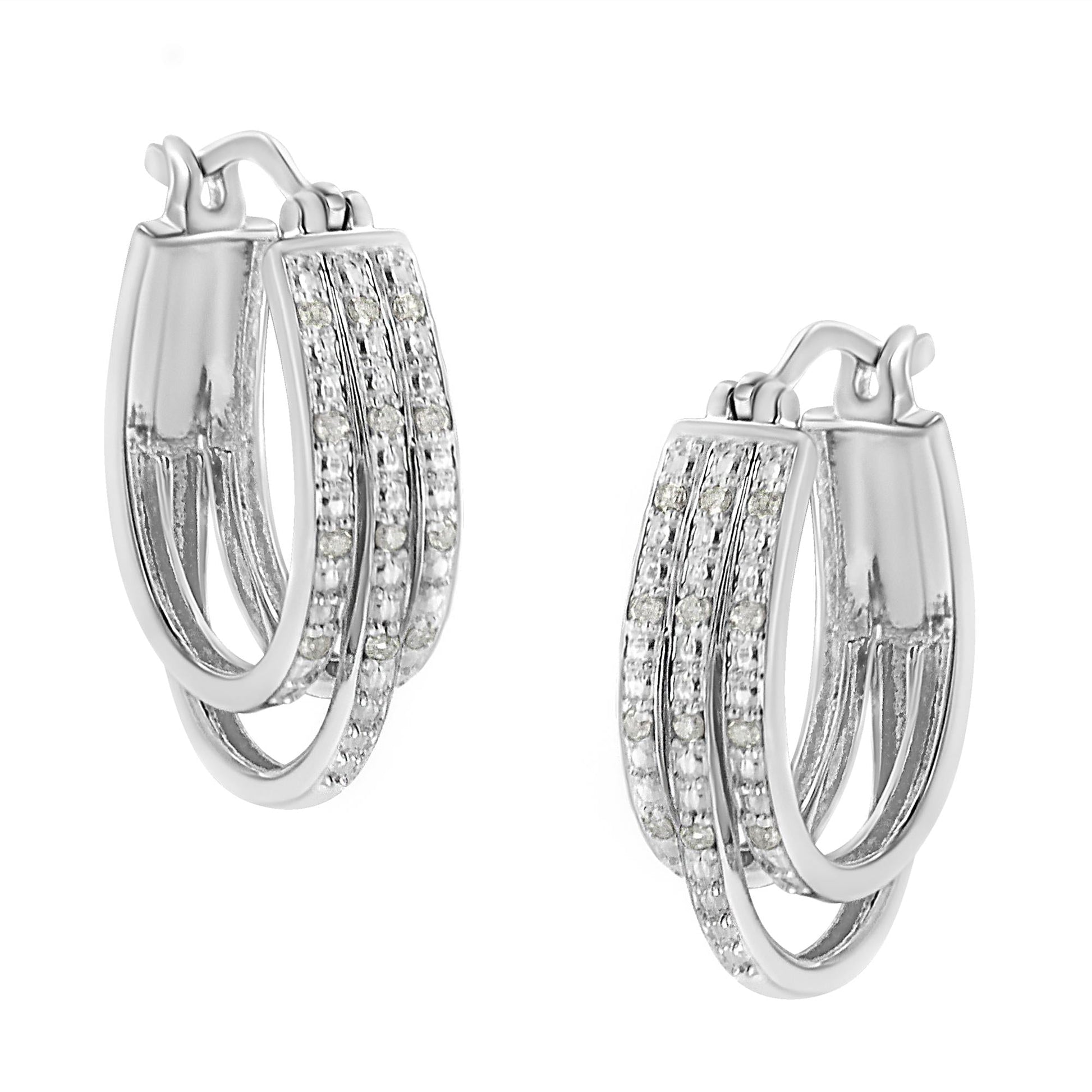 .925 Sterling Silver 1/4 Cttw Diamond and Alternating Beaded Triple Hoop