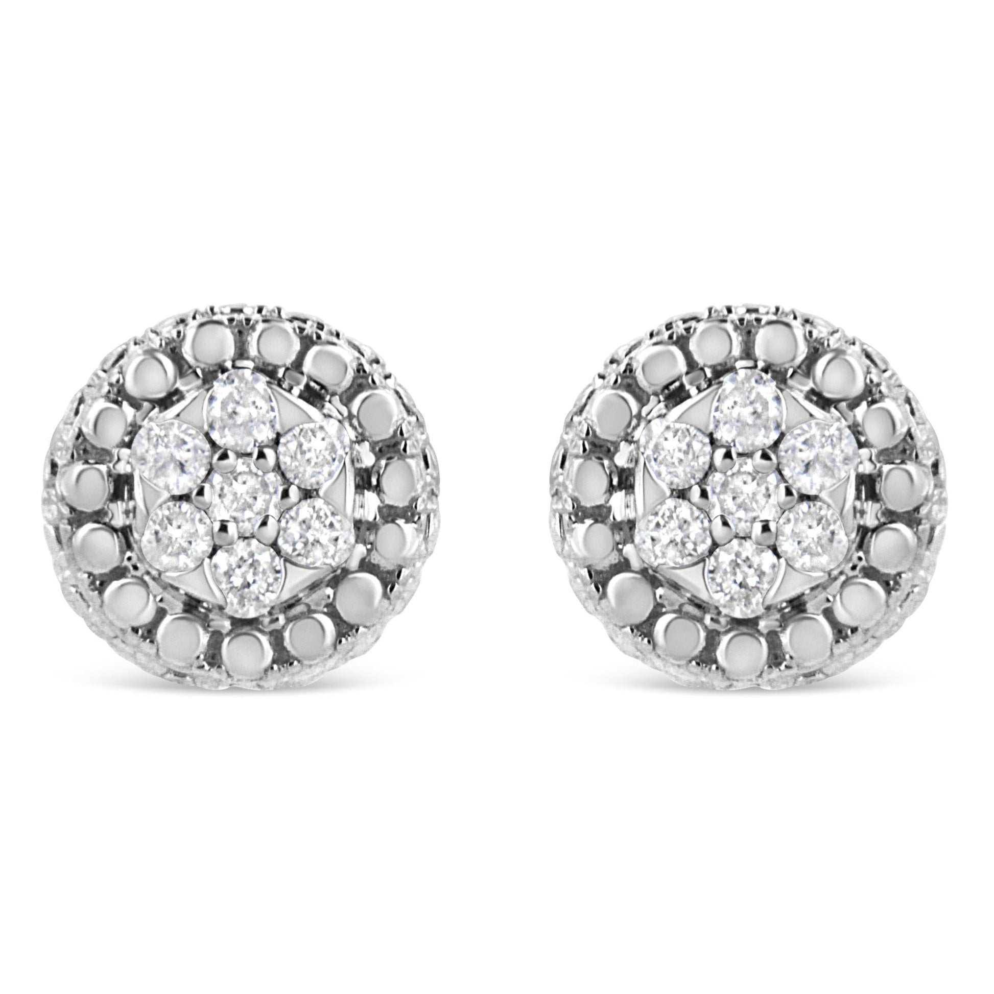 .925 Sterling Silver 1/3 Cttw 7 Stone Pave Set Diamond Beaded Stud Earrings