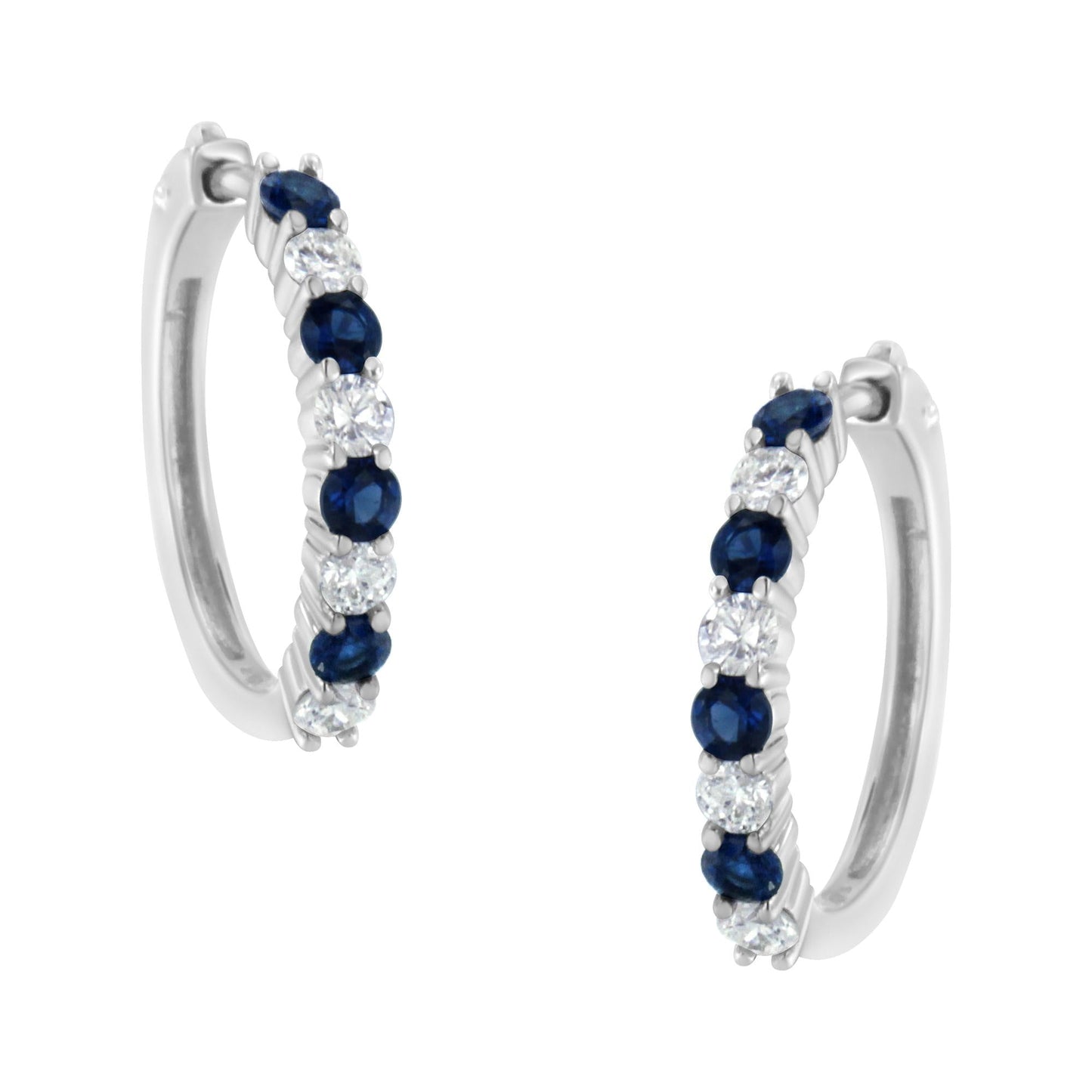 10K White Gold 2.5MM Sapphire Gemstone and 1/2 Cttw Diamond Hoop Earrings (H-I