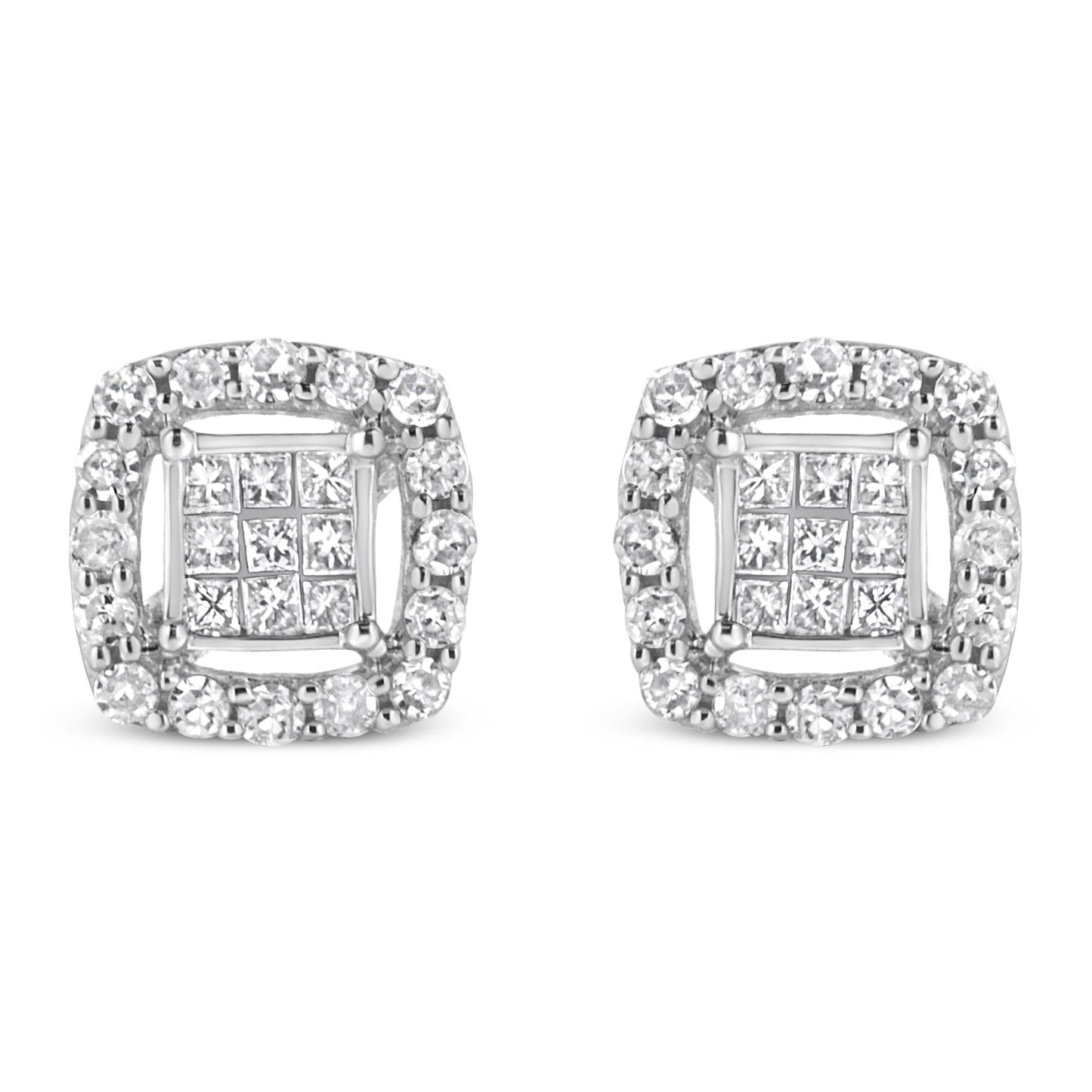 .925 Sterling Silver 1/2 Cttw Round and Princess-Cut Diamond Stud Earrings (I-J