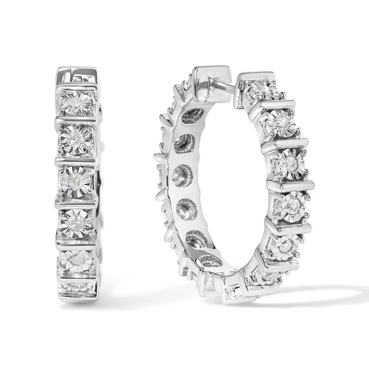 .925 Sterling Silver 1/2 Cttw Diamond Bar and Plate Eternity Hoop Earrings (I-J