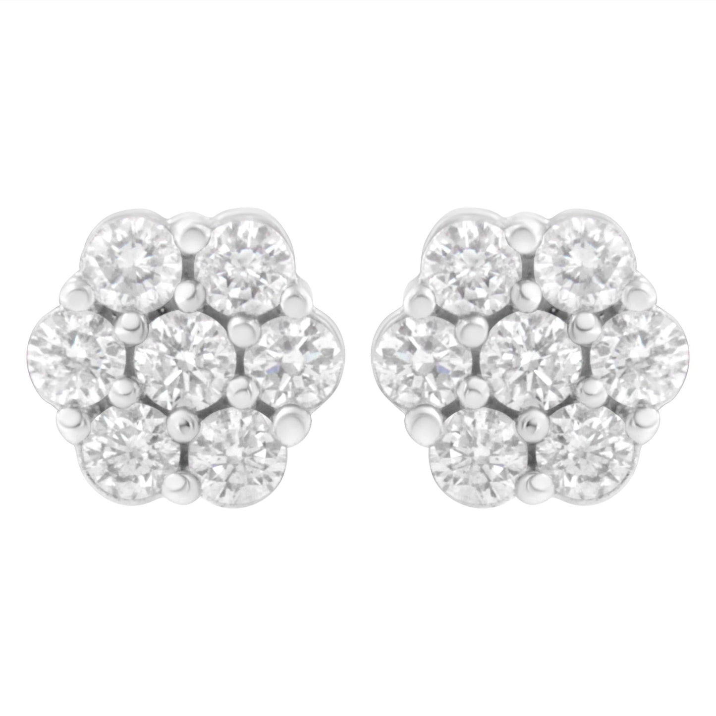 14K White Gold 7 Stone Floral Cluster Round Brilliant Cut Diamond Stud Earrings