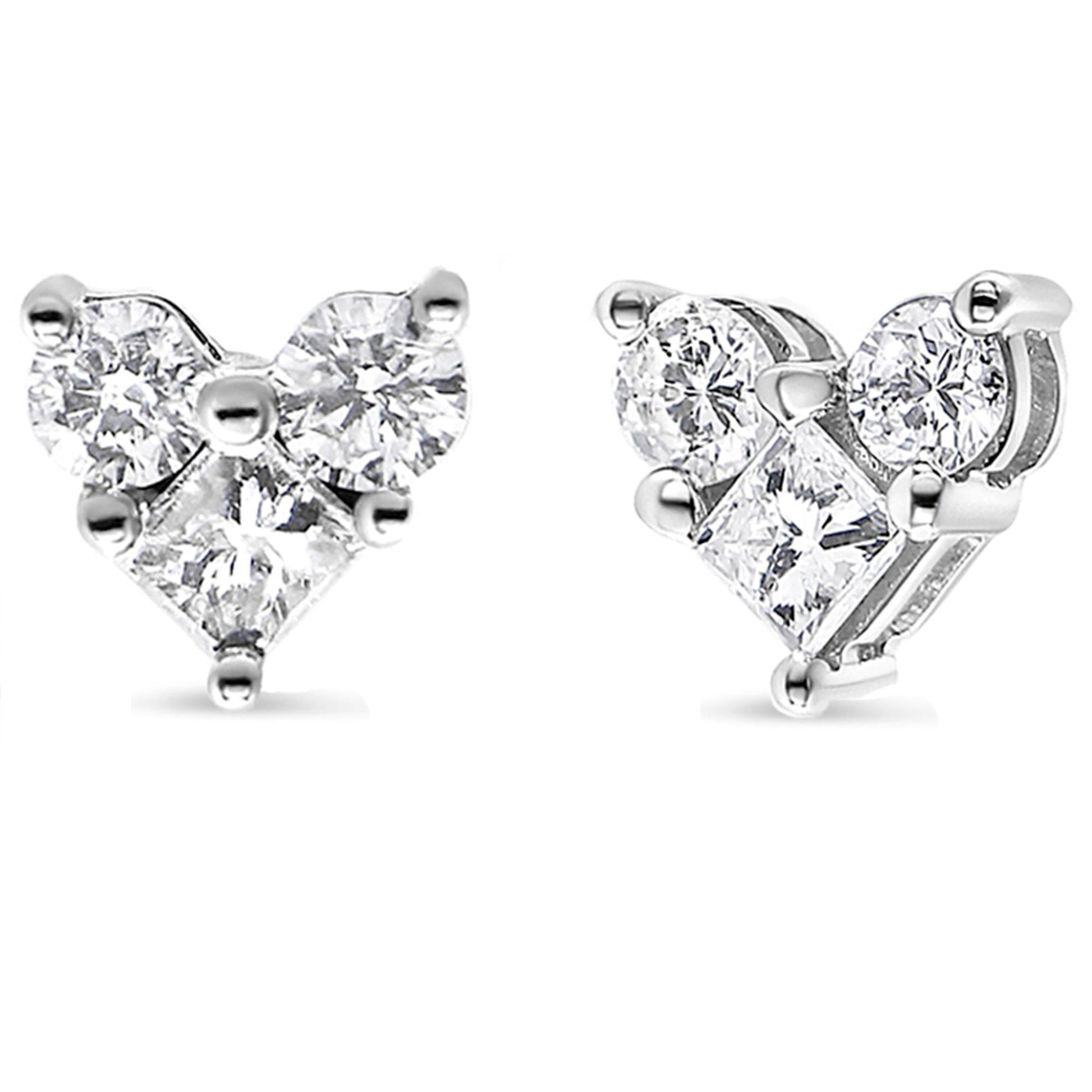 10K White Gold Diamond 3 Stone Trio Heart Stud Earring (I-J Color I1-I2