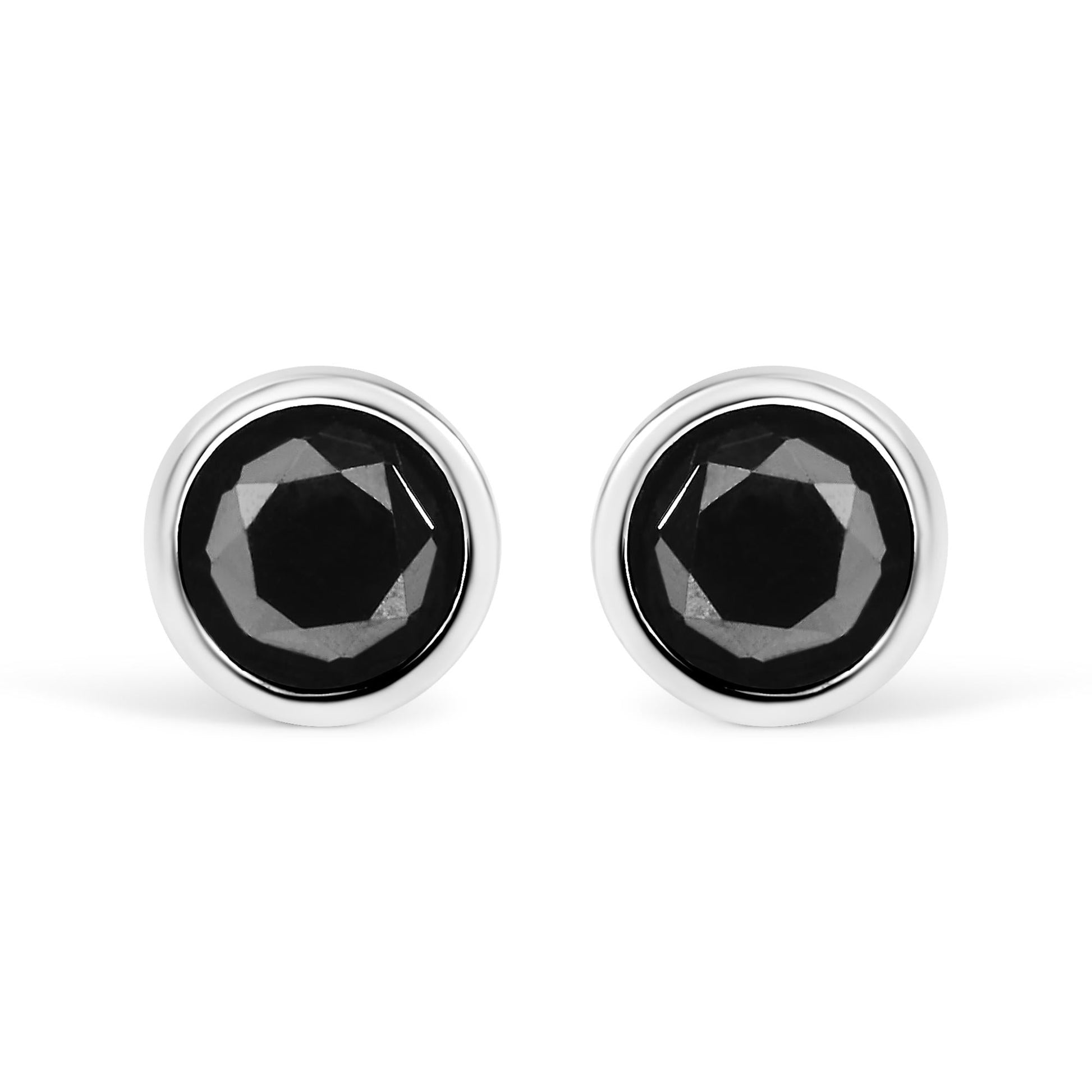 .925 Sterling Silver Round Brilliant-Cut Black Diamond Bezel-Set Stud Earrings