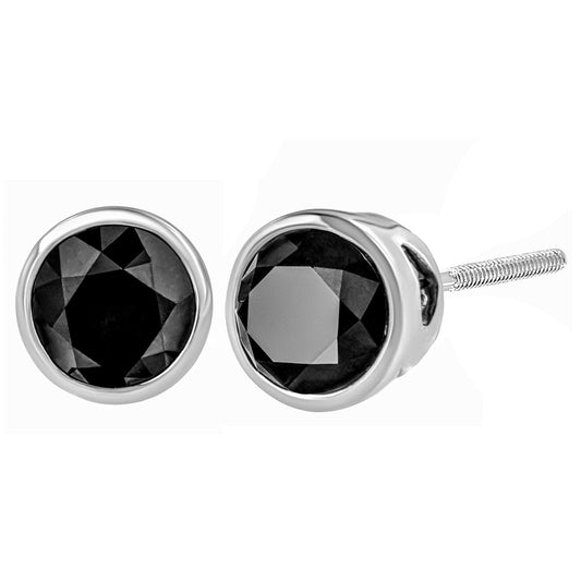 14K White Gold Round Brilliant-Cut Black Diamond Bezel-Set Stud Earrings