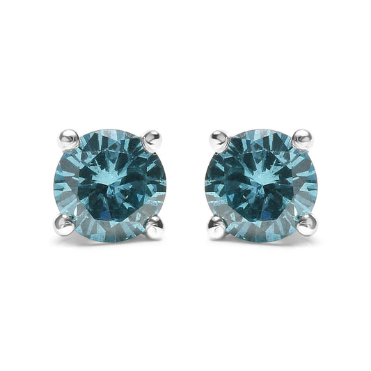 14K Gold 1/2 Cttw Aqua Blue Diamond Screw-Back 4-Prong Classic Stud Earrings