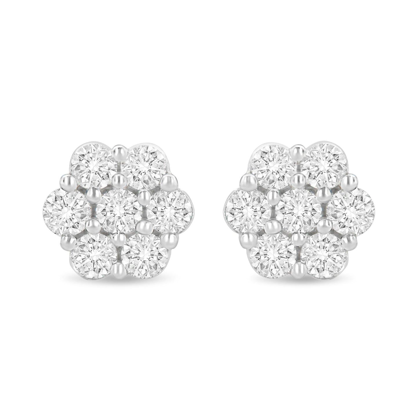 14K White Gold 1 1/2 cttw Prong Set Round-Cut Diamond Floral Cluster Stud