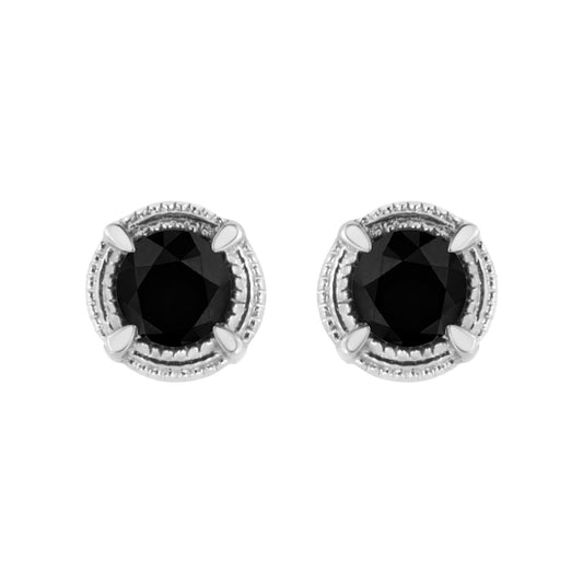 .925 Sterling Silver Treated Colored Diamond Modern 4-Prong Solitaire Milgrain Stud Earrings