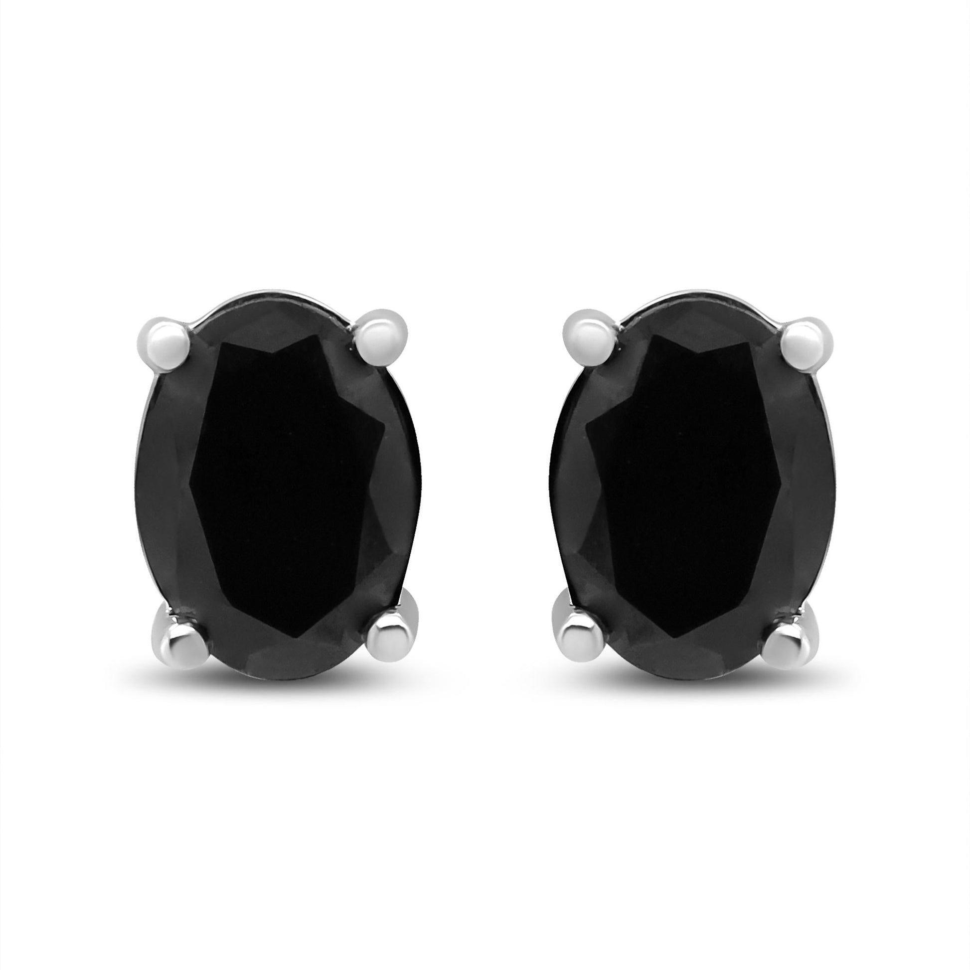 .925 Sterling Silver Prong Set Treated Black Oval Diamond Stud Earring (Black