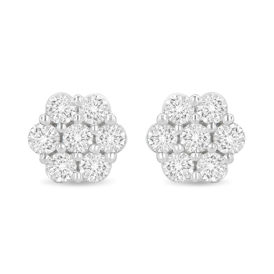 14K White Gold 1.0 Cttw Prong Set Round-Cut Diamond Floral Stud Earrings (H-I