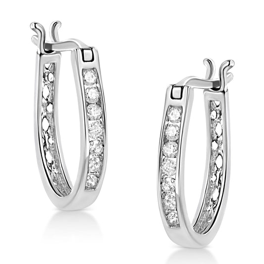 .925 Sterling Silver 1/4 Cttw Diamond Leverback 3/4’’ Inch Hoop Earrings