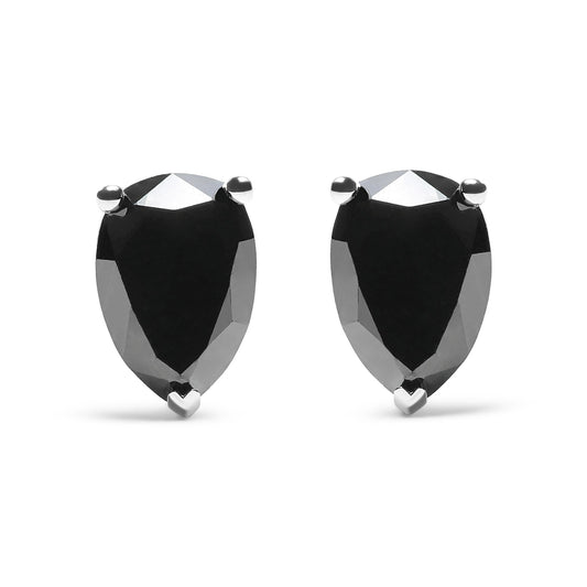 14K White Gold Treated Black Pear Shaped Solitaire Diamond 3 Prong Stud