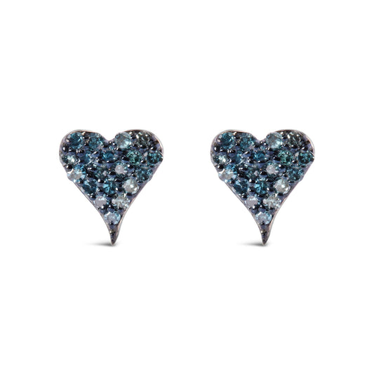 925 Sterling Silver 1/10 Cttw Blue Diamond Heart Shaped Stud Earrings (Blue