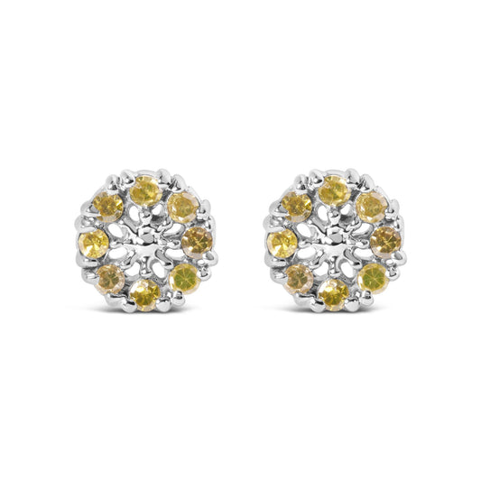 925 Sterling Silver 1/10 Cttw Yellow Diamond Floral Cluster Stud Earrings