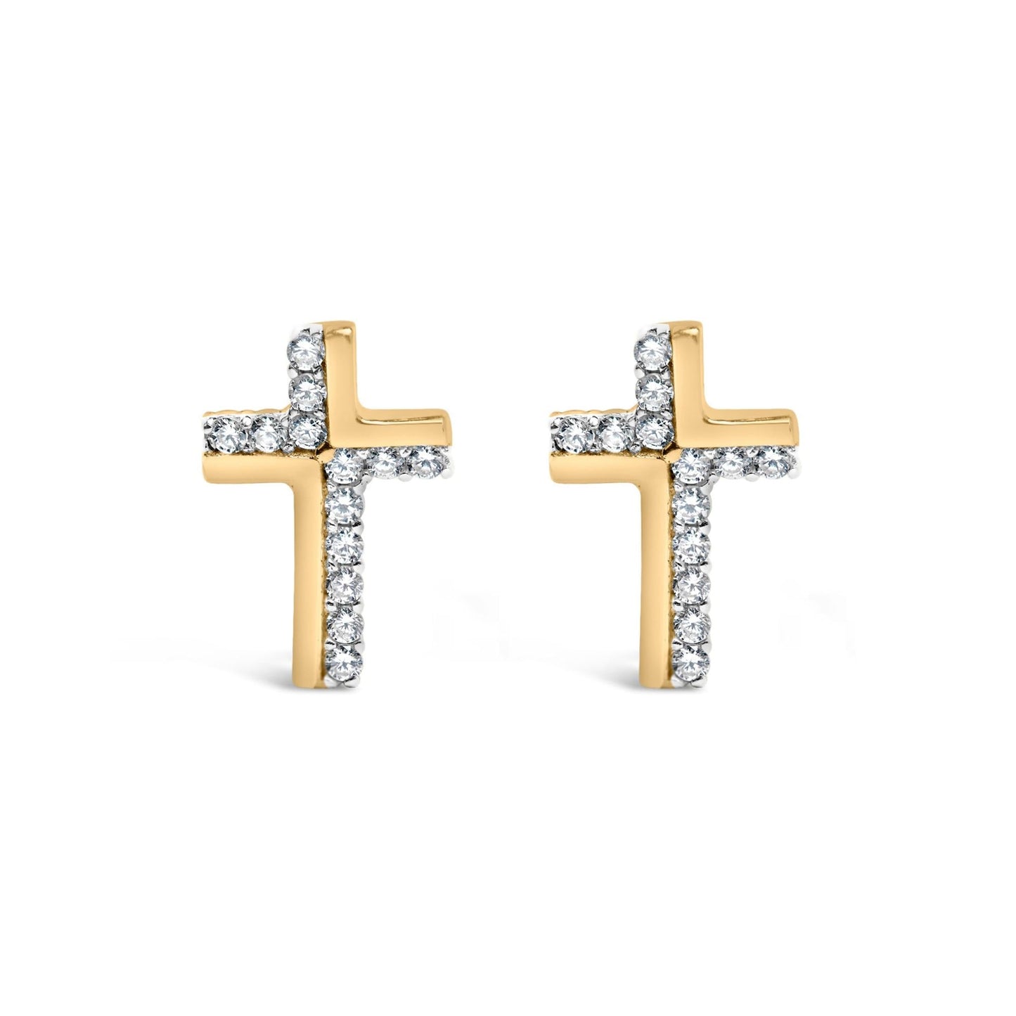 14K Yellow Gold Plated.925 Sterling Silver 1/10 Cttw Diamond Cross Stud Earring