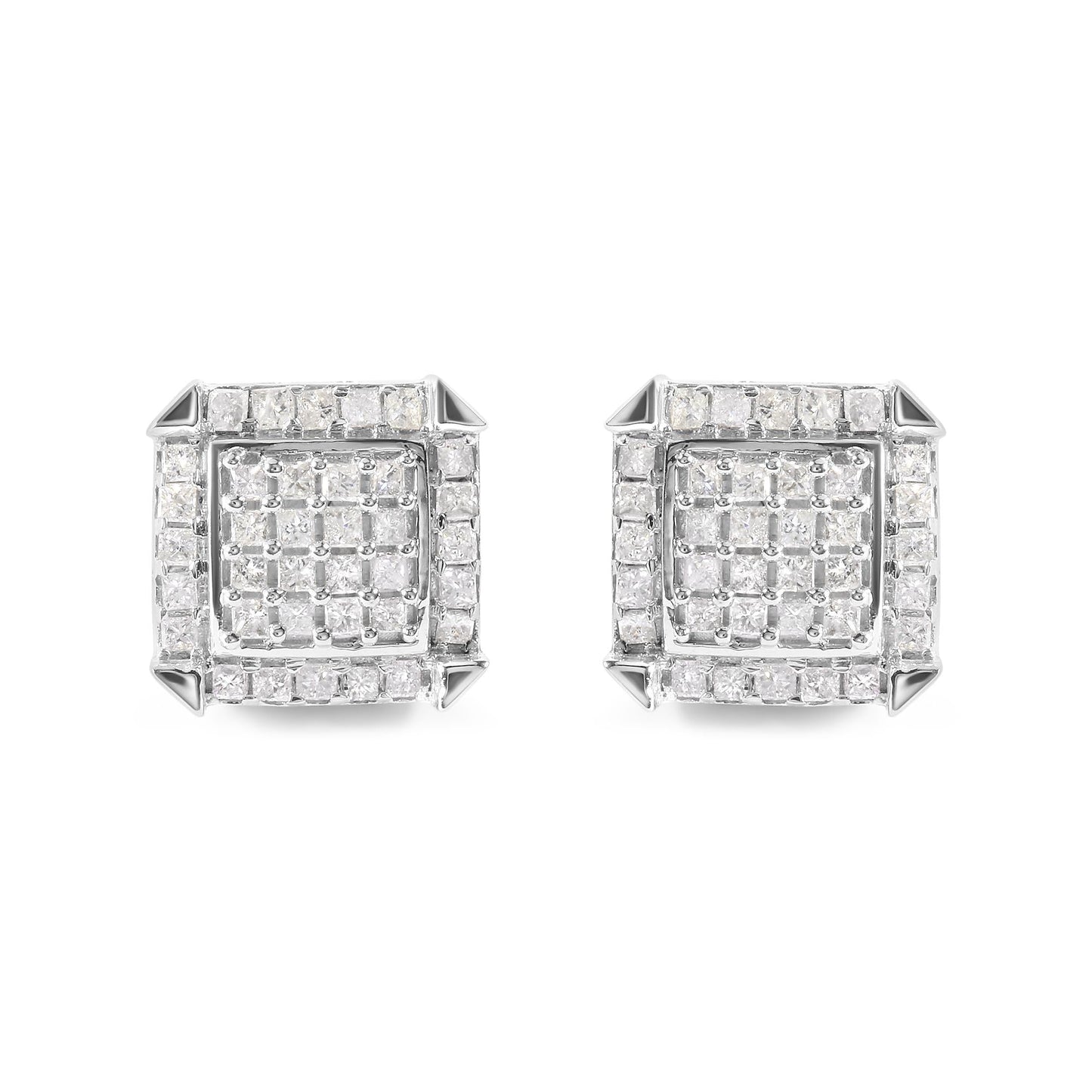 10K White Gold 1 1/10 Cttw Princess Diamond Composite and Halo Stud Earrings