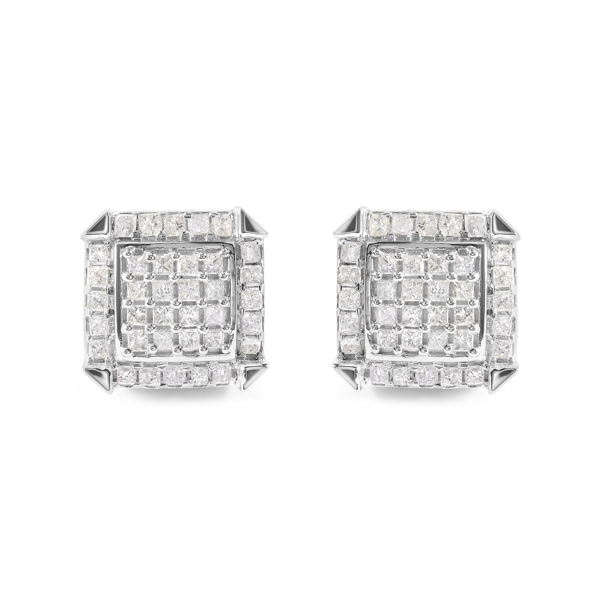 10K White Gold 1 1/10 Cttw Princess Diamond Composite and Halo Stud Earrings