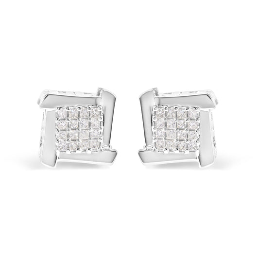 10K White Gold 1/2 Cttw Composite Princess Diamond Square and Swirl Stud