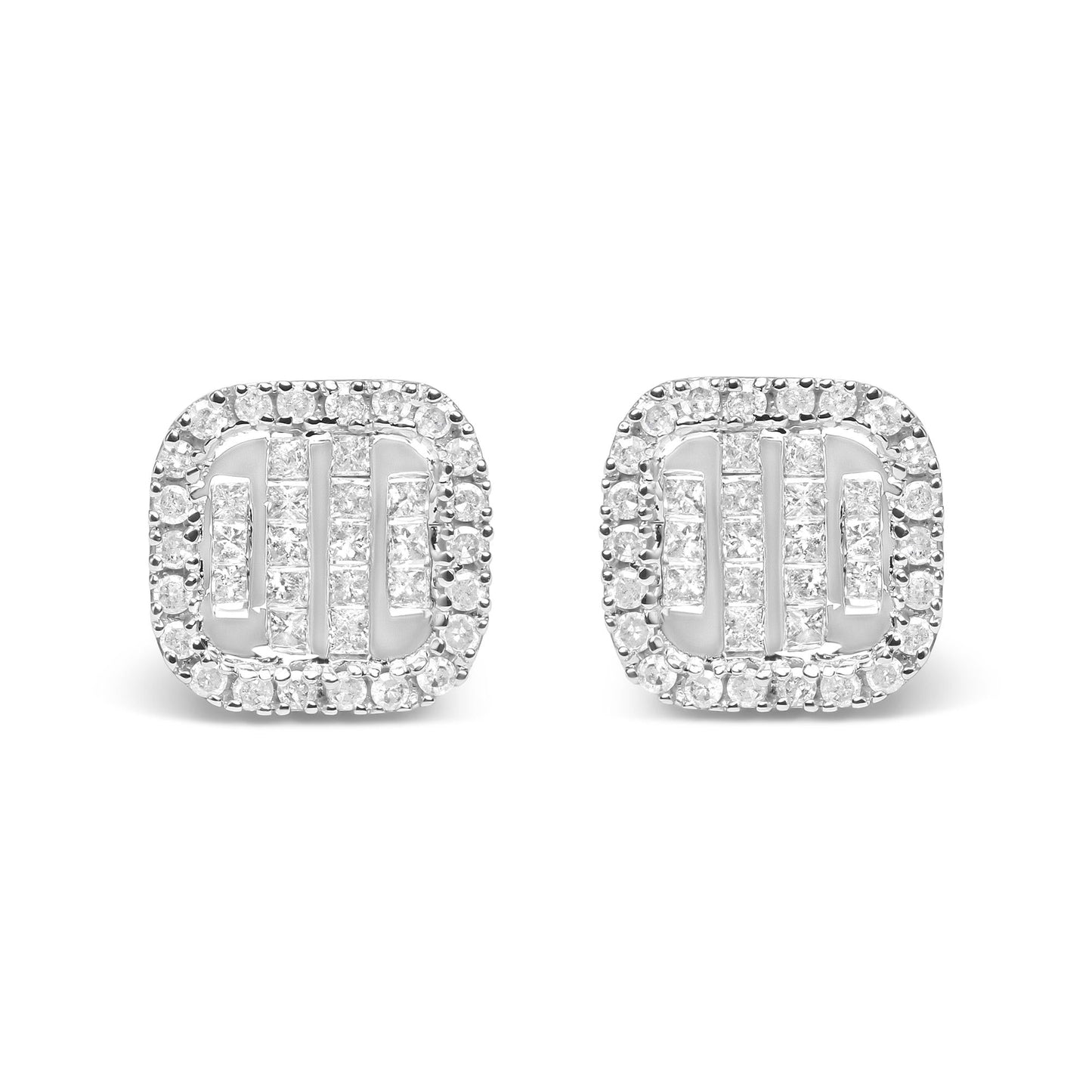 10K White Gold 7/8 Cttw Diamond Princess Composite and Halo Stud Earrings (I-J