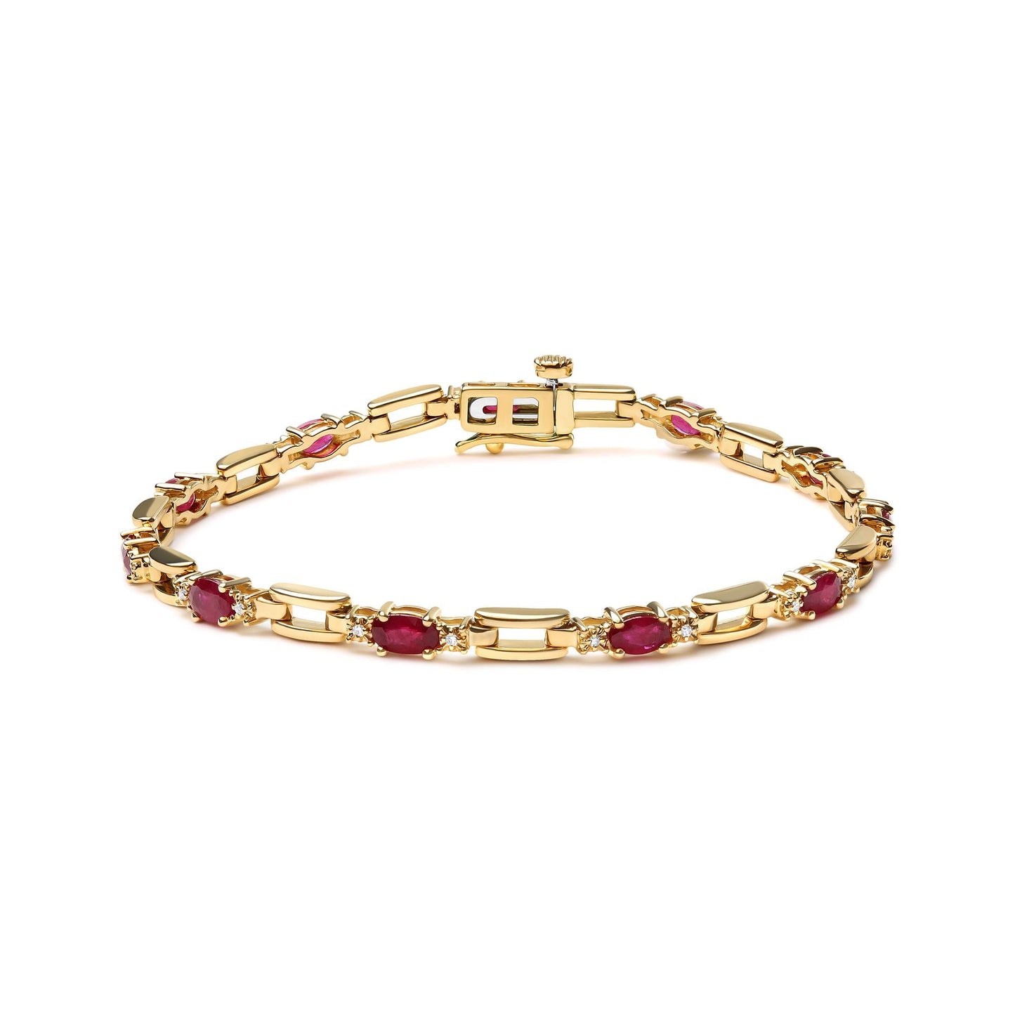 10K Yellow Gold Oval Ruby and 1/10 Cttw Diamond Bar Prong Set Bracelet (H-I