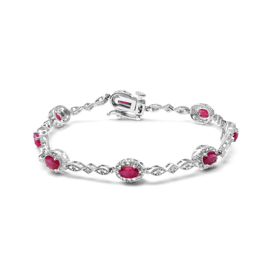 10K White Gold 4.5mm x 3mm Oval Ruby and Diamond Link Bracelet (H-I Color