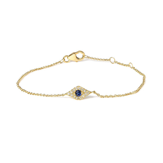 10K Yellow Gold Blue Sapphire and Diamond Accent Evil Eye Station Link Bracelet  (H-I Color, I1-I2 Clarity) - Size 7"