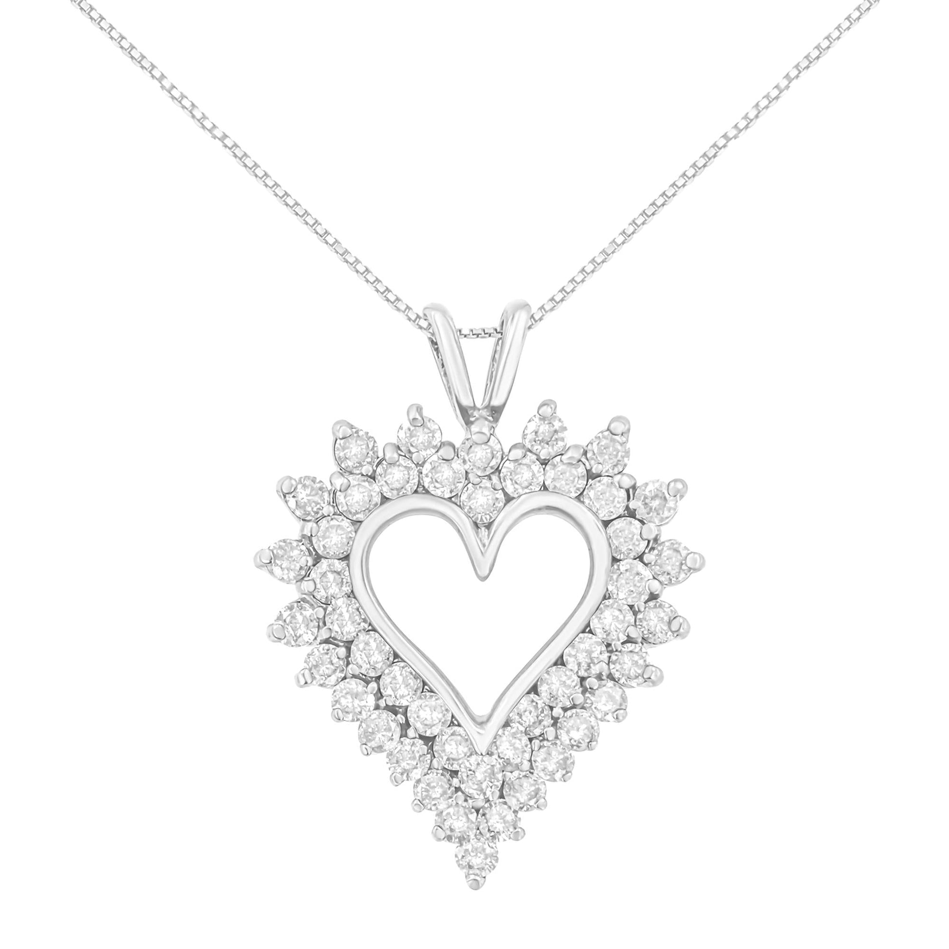 .925 Sterling Silver 3.00 Cttw Round Cut Diamond Cluster Heart 18’’ Pendant