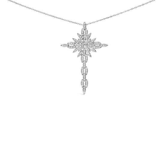 14K White Gold 1.0 Cttw Cocktail Cluster Cross 18’’ Pendant Necklace (H-I