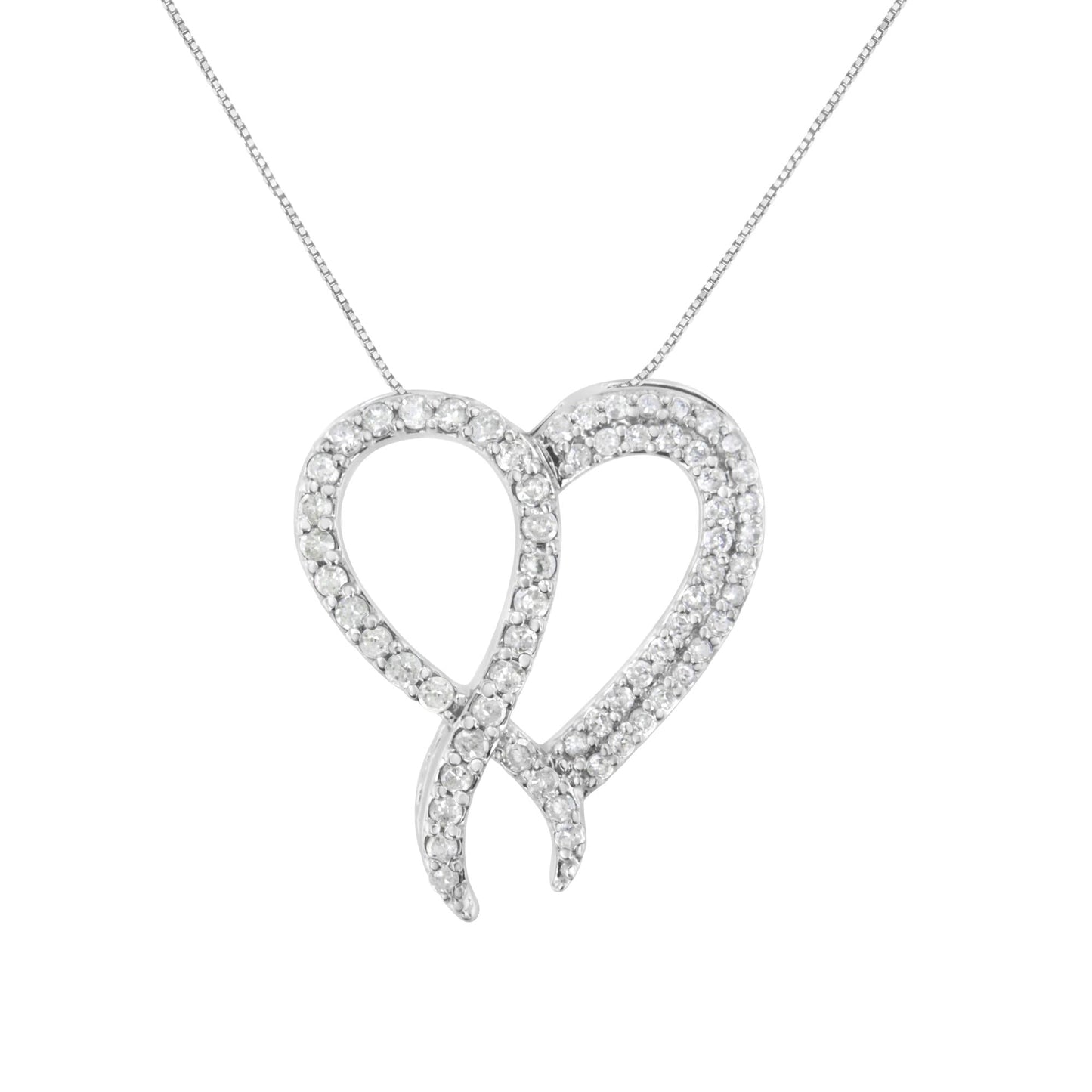 .925 Sterling Silver 1 cttw Diamond Heart and Ribbon 18’’ Pendant Necklace