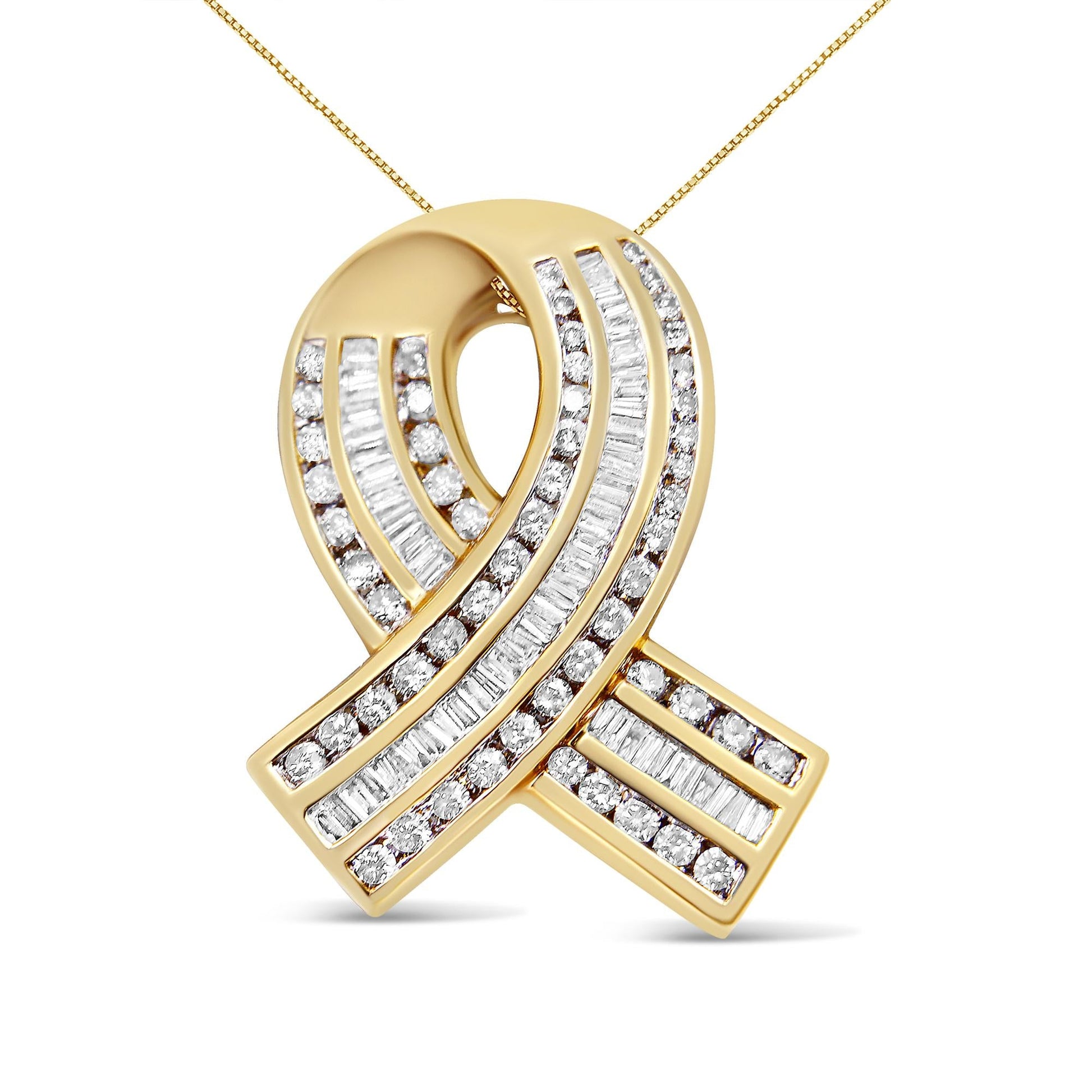 14K Yellow Gold 2 5/8 cttw Channel Set White Diamond Awareness Ribbon Pendant