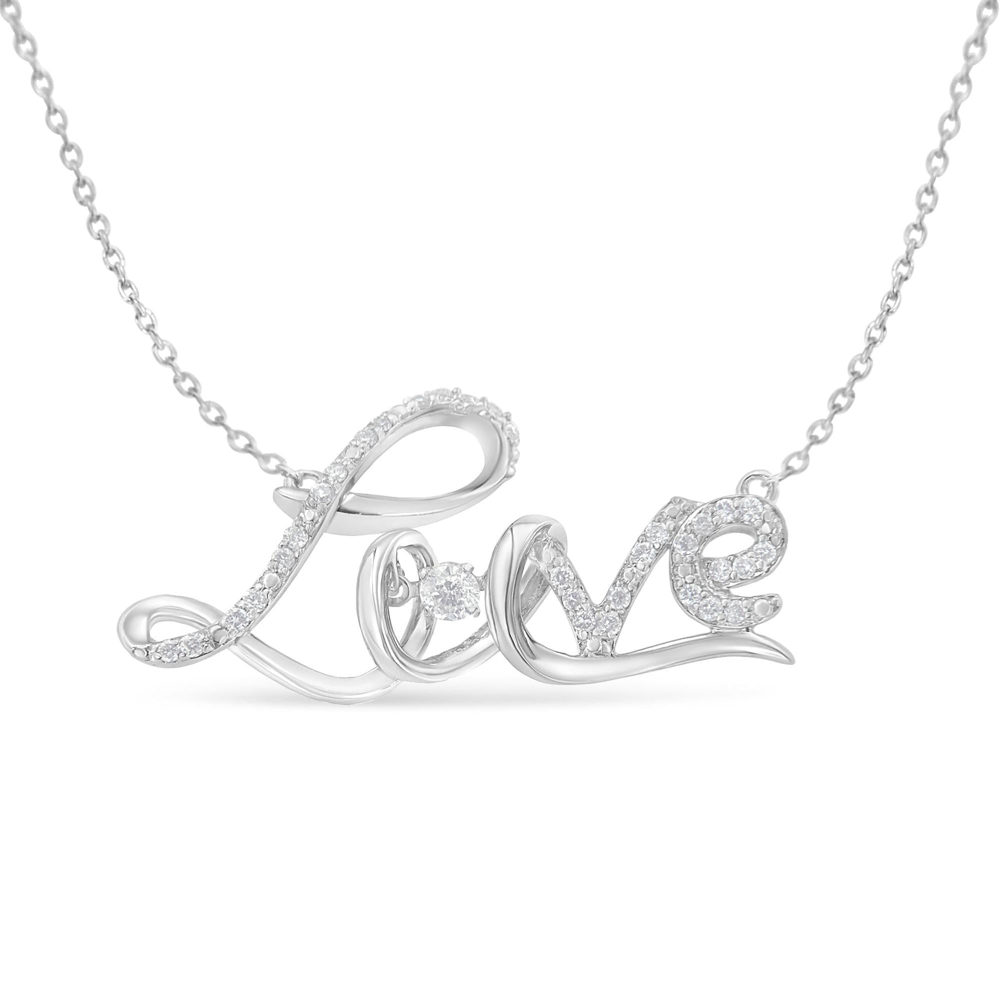 .925 Sterling Silver 1/4 Cttw Diamond Cursive ’Love’ 18’’ Pendant