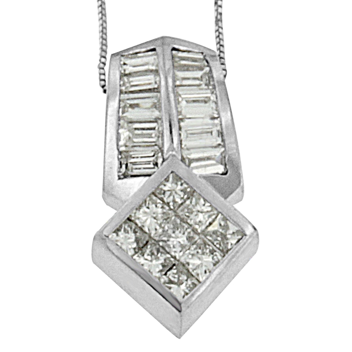 14K White Gold 1 1/2 cttw Princess and Baguette Cut Diamond Multi-shape Pendant