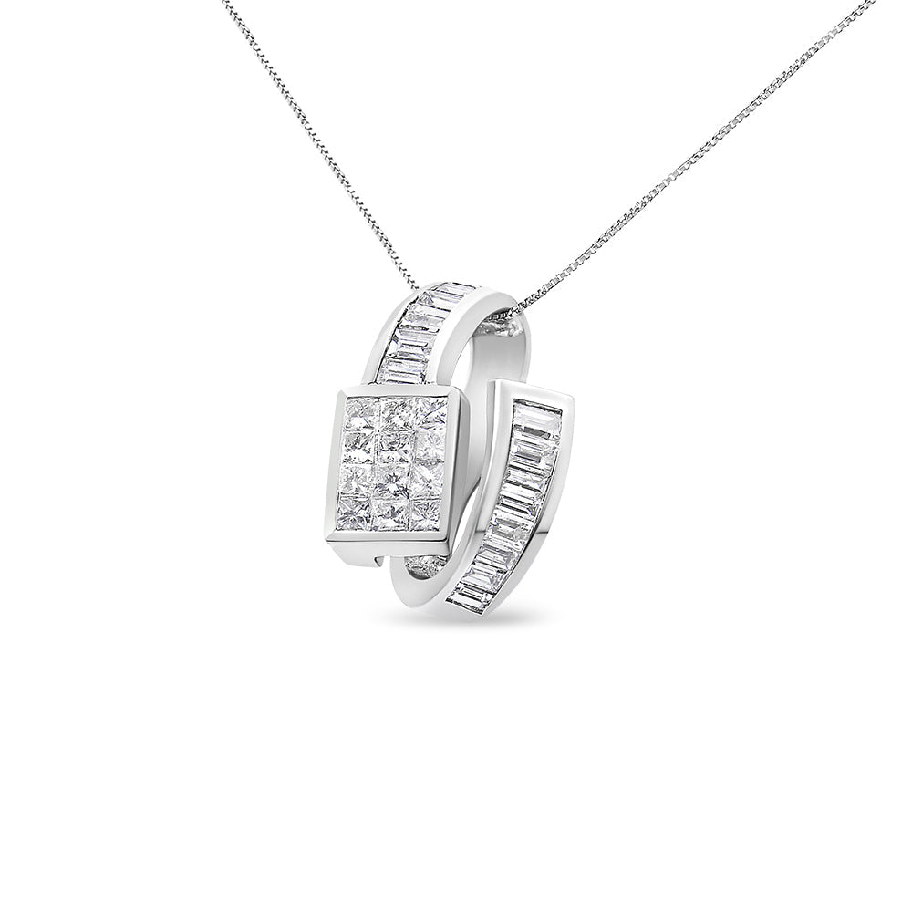 14K White Gold 2 cttw Princess and Baguette Cut Diamond Double Loop Pendant