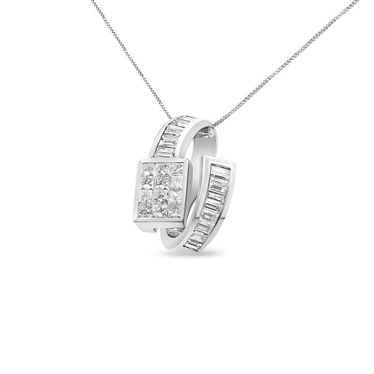 14K White Gold 2 cttw Princess and Baguette Cut Diamond Double Loop Pendant