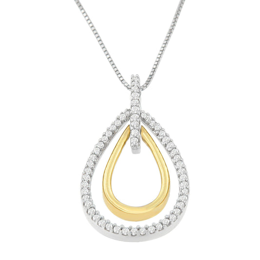 14K Two-Tone Gold Round Cut Diamond Double Burst Pendant Necklace (1/4 cttw H-I