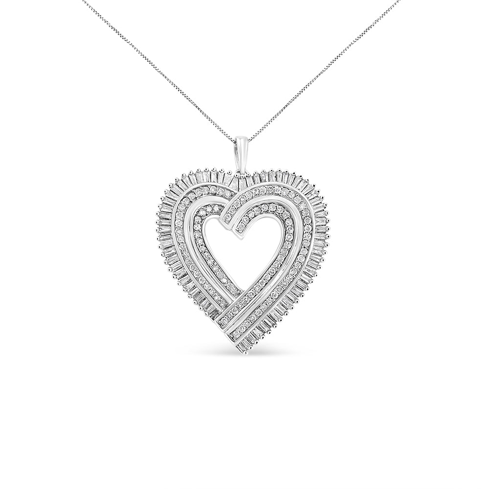 .925 Sterling Silver 1 1/4 Cttw Round and Baguette-Cut Diamond Composite Heart