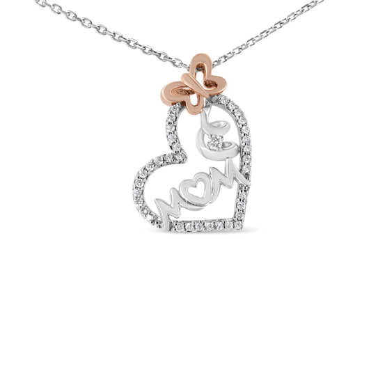 Two Tone .925 Sterling Silver 1/5 cttw Diamond "Mom" and Heart Pendant Necklace (H-I, I1-I2)