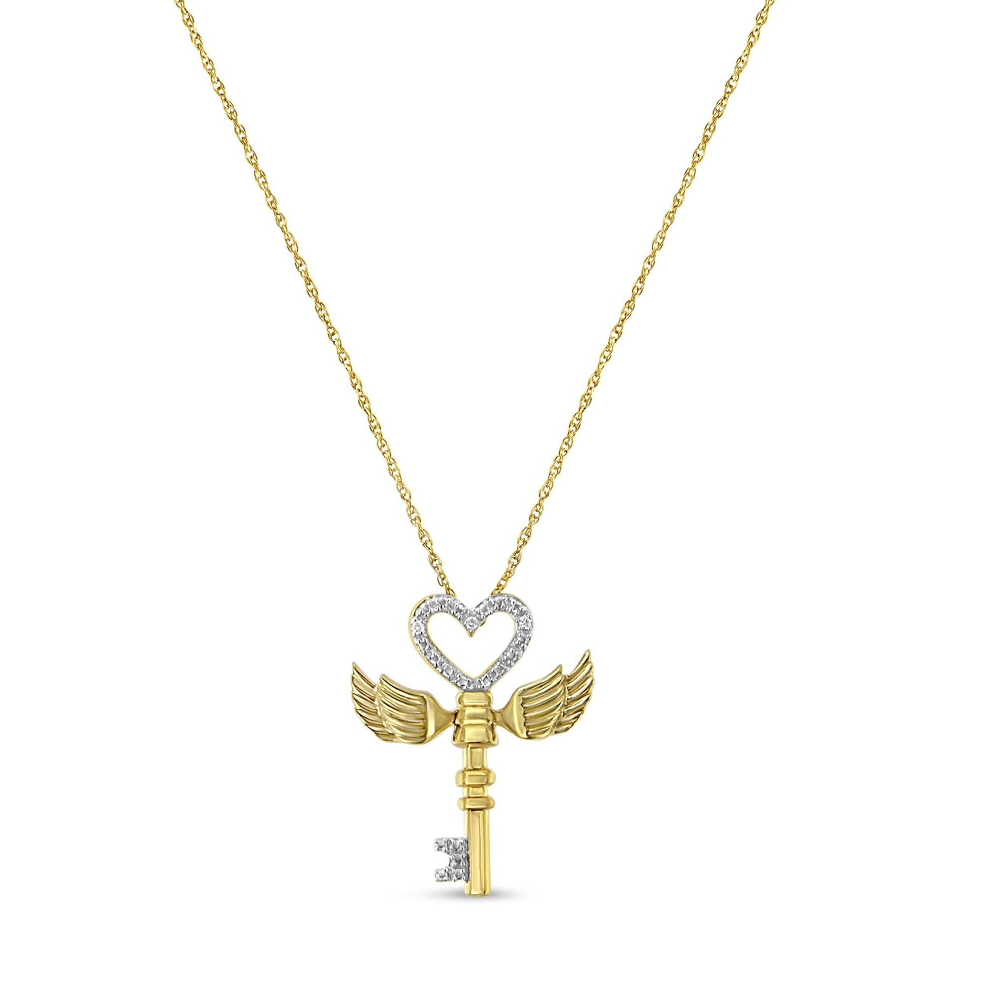 10K Yellow Gold over.925 Sterling Silver Diamond Accented Heart Angel Wing Key